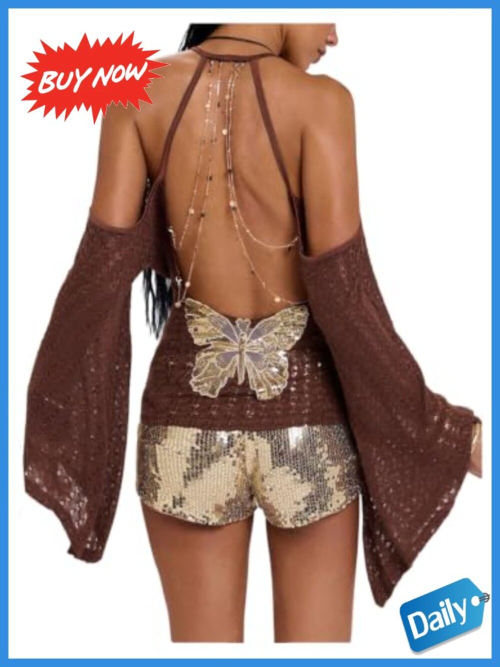 Women's Butterfly Backless Cold Shoulder Sequin Blouse Party Top